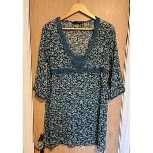 Vintage Y2K Gossip Babydoll Top Sheer Floral Lace Trimmed Green Teal Sz L